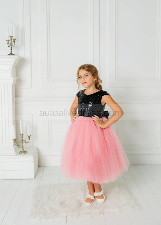 Black Sequin Pink Tulle Handmade Flower Girl Dress